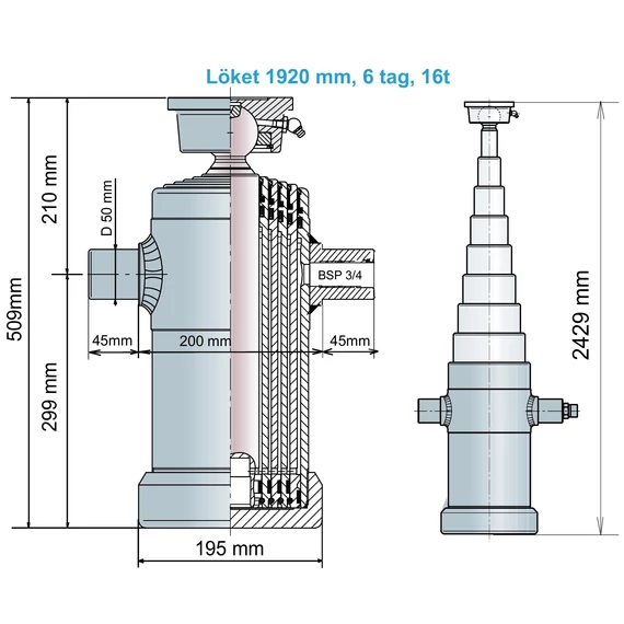 16t 192 cm löket, 6 tagos hidraulika munkahenger, 51 cm zárt hossz