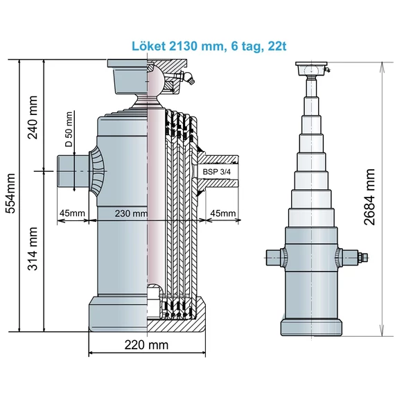 22t 213 cm löket, 6 tagos hidraulika munkahenger,  55cm zárt hossz