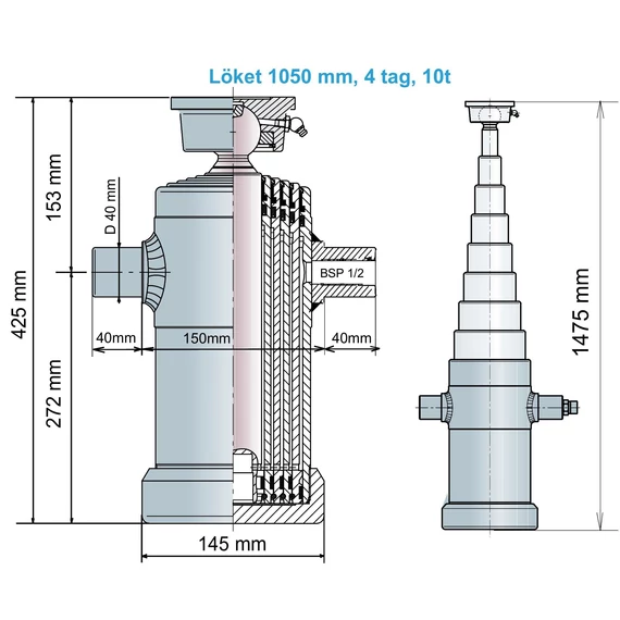 10t 105 cm löket, 4 tagos hidraulika munkahenger, 42 cm zárt hossz