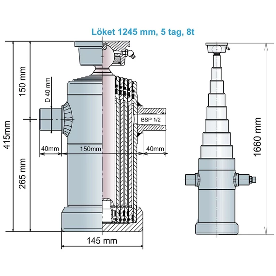 8t 125 cm löket, 5 tagos hidraulika munkahenger 415mm zárt hossz